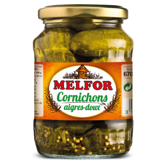 Melfor Cornichons süß-sauer 670g (370g Abtropfgewicht)